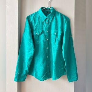 Teal Silk Button Up, size L (fits M/L)